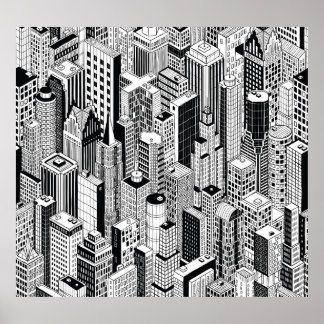 Skyscraper city illustration, isometric seamless p poster