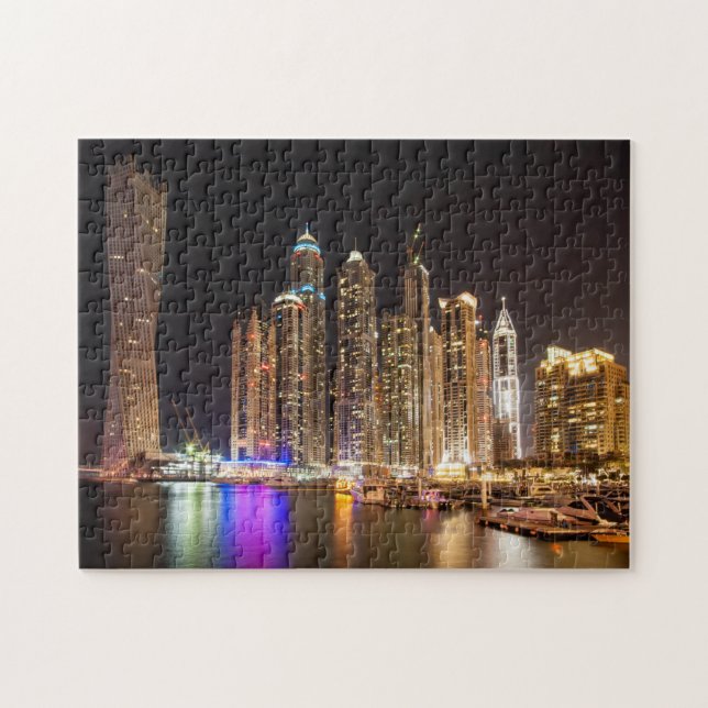 Skyscrapers in Dubai Marina at night, UAE Jigsaw Puzzle (Horizontal)