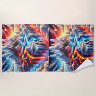 Skyward Clash: The Island of Fire and Ice Beach Towel