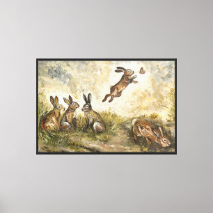 Skyward Fluff Meadow Hare Whimsical Rabbit Family  Canvas Print