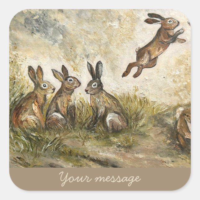 Skyward Fluff Meadow Hare Whimsical Rabbit Family  Square Sticker (Front)