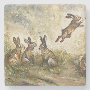 Skyward Fluff Meadow Hare Whimsical Rabbit Family Stone Coaster