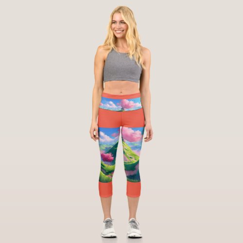 Skyward Symphony Birds Soar Over Pink Clouds Capri Leggings