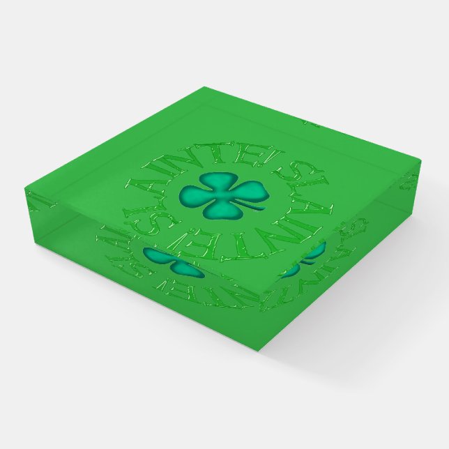 Slainte bright green glass square paperweight (Angled)