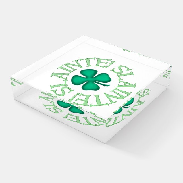 Slainte clear glass square paperweight (Angled)