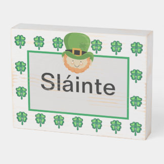 Sláinte Irish leprechaun and shamrocks Wooden Box Sign