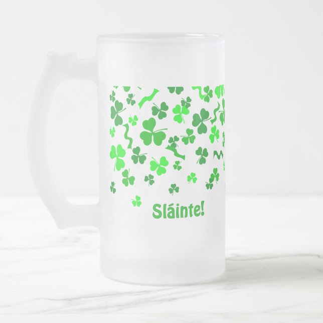 Sláinte Lucky Irish Shamrocks Design Personalized Frosted Glass Beer Mug (Left)