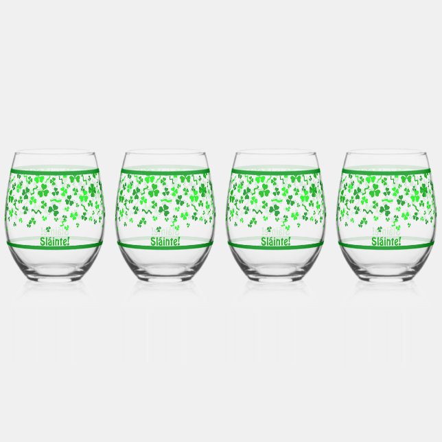 Sláinte Lucky Irish Shamrocks Design Personalized Stemless Wine Glass (Front)