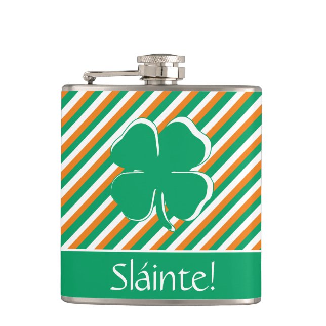 Sláinte Modern Green Orange Stripes Irish Shamrock Flask (Front)