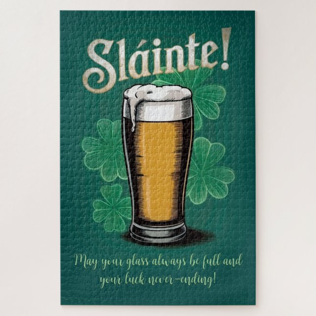 Slàinte! Saint Patrick's Day Pint of Beer on Green Jigsaw Puzzle (Vertical)