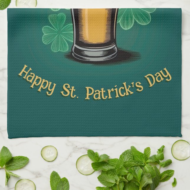 Slàinte! Saint Patrick's Day Pint of Beer on Green Kitchen Towel (Folded)
