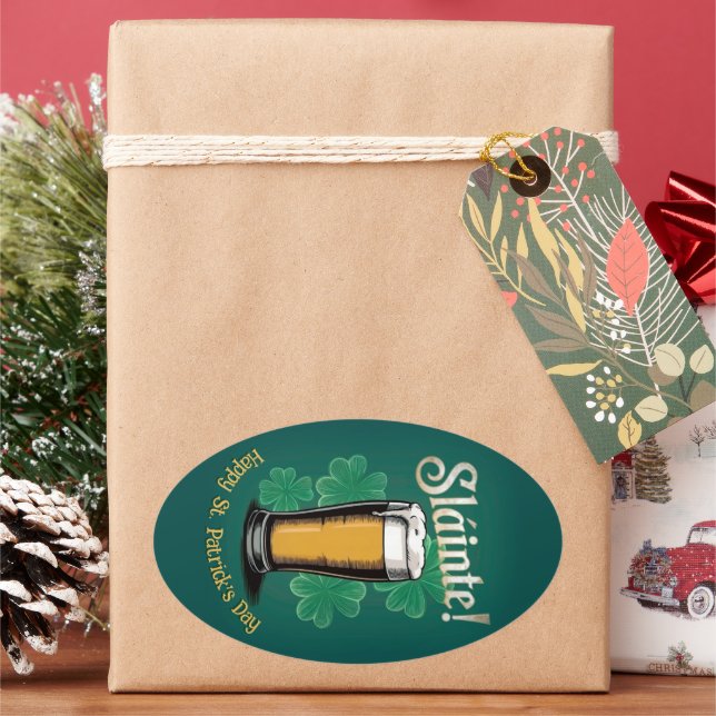 Slàinte! Saint Patrick's Day Pint of Beer on Green Oval Sticker (Holiday)