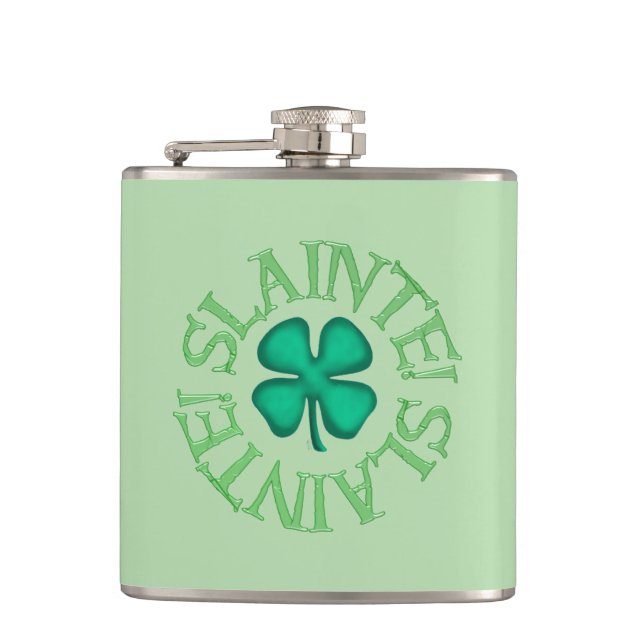 Slainte w clover green wrapped flask (Front)