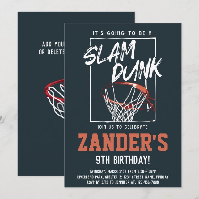 Slam Dunk Basketball Birthday Party, Any Age Invitation (Front/Back)