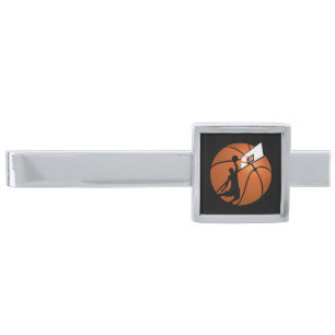 Slam Dunk Basketball Player w/Hoop on Ball Silver Finish Tie Clip