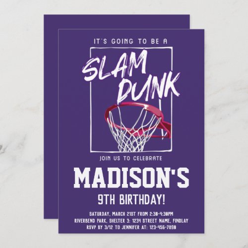 Slam Dunk Basketball Purple Birthday Party Any Age Invitation