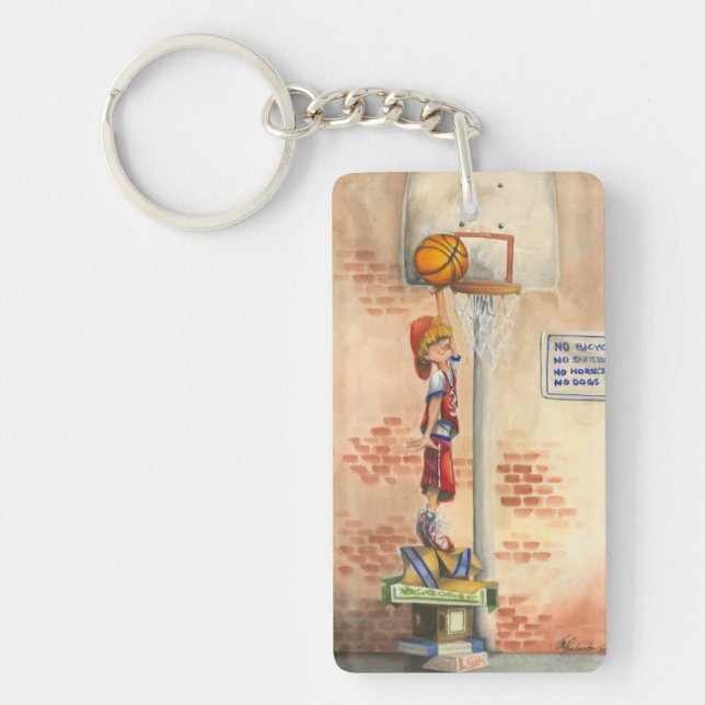 Slam Dunk on Basketball Hoop by Jay Throckmorton Keychain (Front)
