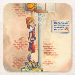 Slam Dunk on Basketball Hoop by Jay Throckmorton Square Paper Coaster