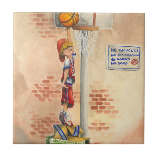 Slam Dunk on Basketball Hoop by Jay Throckmorton Tile (Front)