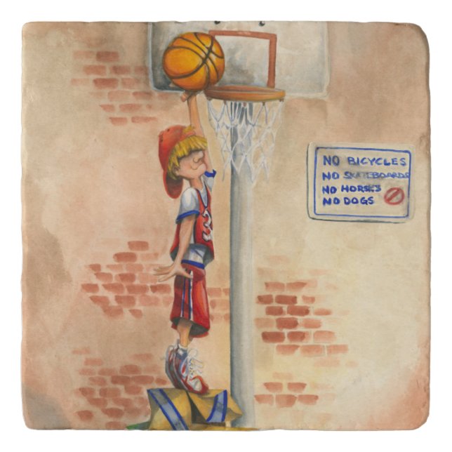 Slam Dunk on Basketball Hoop by Jay Throckmorton Trivet (Front)