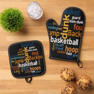 Slam Dunk Style: Dynamic Basketball Word Kitchen Oven Mitt & Pot Holder Set