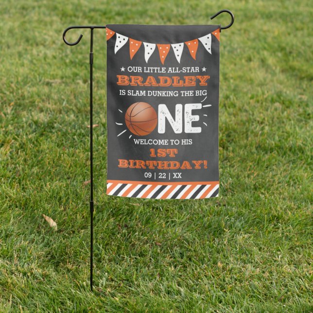 Slam Dunking The Big One | Basketball 1st Birthday Garden Flag (In SItu)