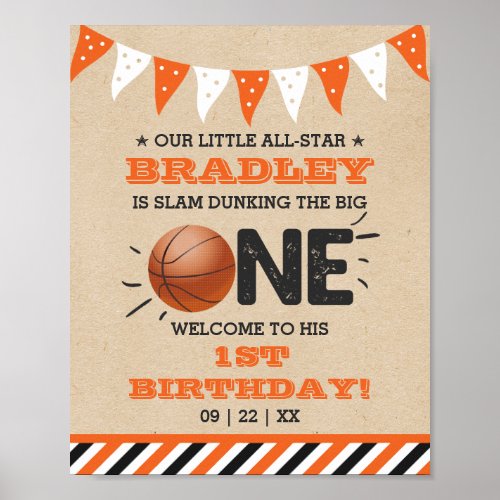 Slam Dunking The Big One  Basketball 1st Birthday Poster
