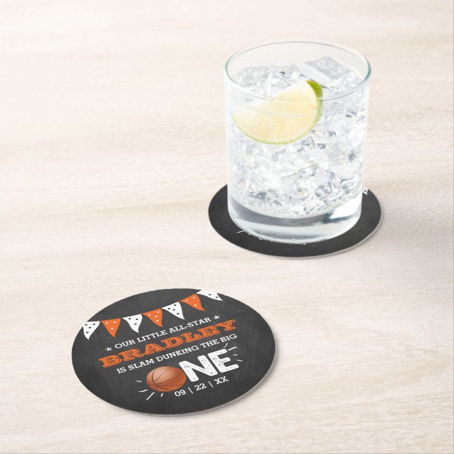 Slam Dunking The Big One | Basketball 1st Birthday Round Paper Coaster (Insitu)