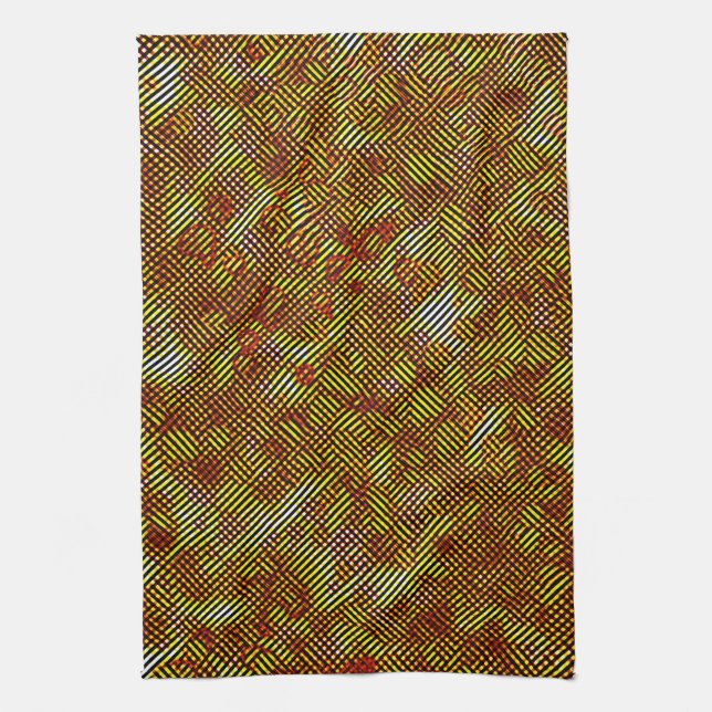 Slanted orange stripes stained with plaid kitchen towel (Vertical)