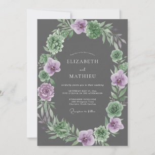 Slate Amethyst Succulent Eucalyptus Wedding Invitation
