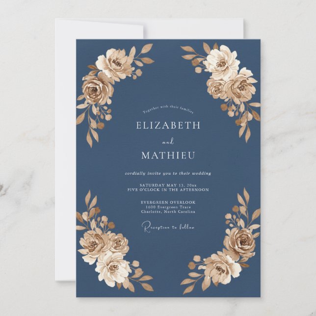 Slate Antique Champagne Leaf Wedding Invitation (Front)