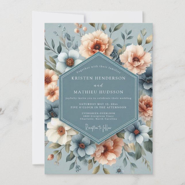 Slate & Apricot Poetic Bloom Wedding Invitation (Front)