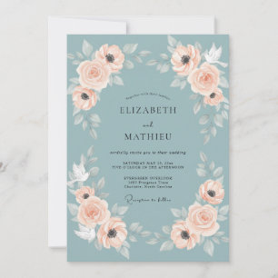 Slate Apricot Wreath Wedding Invitation