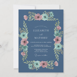 Slate Aqua Pink Floral Wedding Invitation