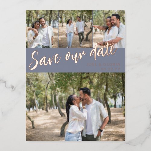 Slate Blue 4 Photos Wedding Save Our Date Foil Foil Invitation Postcard