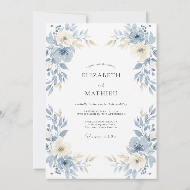 Slate Blue Airy Floral Wedding Invitation (Front)