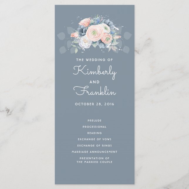 Slate Blue and Dusty Rose Floral Wedding Programs (Front)