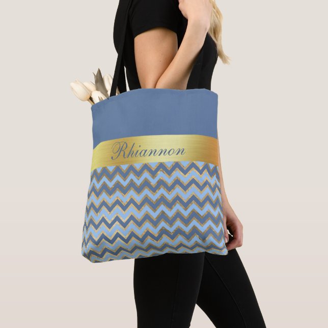 Slate Blue And Gold Chevron Pattern - Personalized Tote Bag (Close Up)