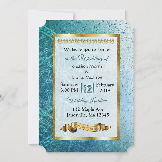 Slate Blue and Gold Mandala Wedding Invitations (Front)