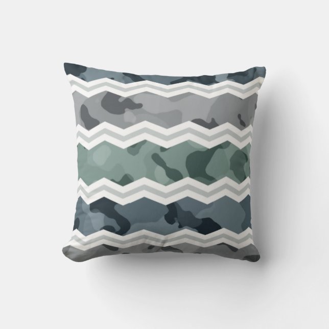 Slate Blue and Gray Camo Chevron Pattern Throw Pillow (Front)