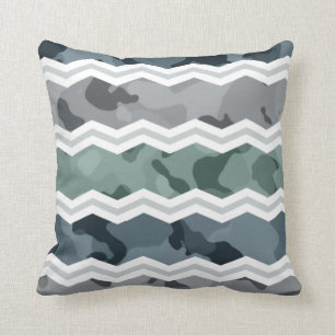 Slate Blue and Gray Camo Chevron Pattern Throw Pillow
