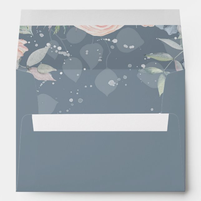 Slate Blue and Peach Flowers Elegant Wedding Envelope (Back (Bottom))