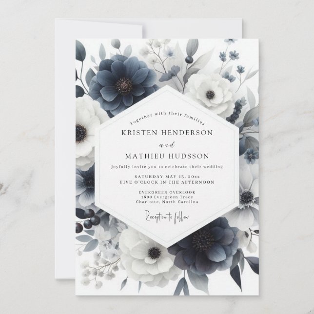 Slate Blue Anemone Bloom Wedding Invitation (Front)