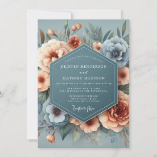Slate Blue & Apricot Bloom Wedding Invitation