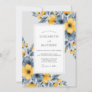 Slate Blue Artistic Botanical Wedding Invitation