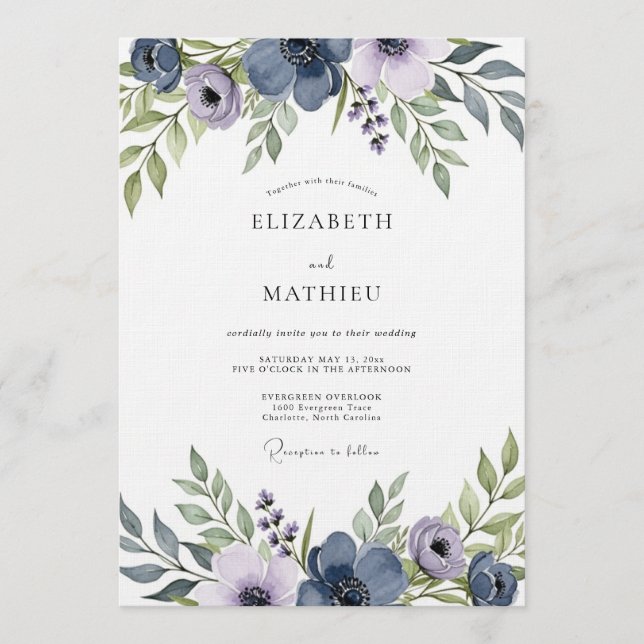 Slate Blue Artistic Floral Wedding Invitation (Front)