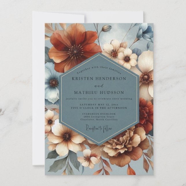 Slate Blue Auburn Flora Wedding Invitation (Front)