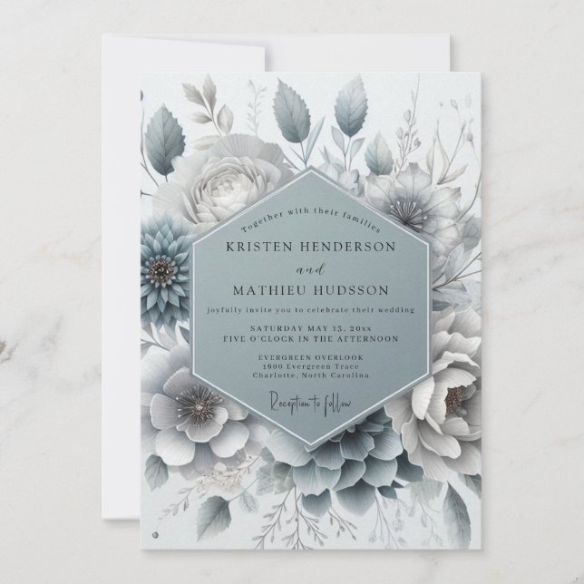 Slate Blue Aura Floral Wedding Invitation (Front)