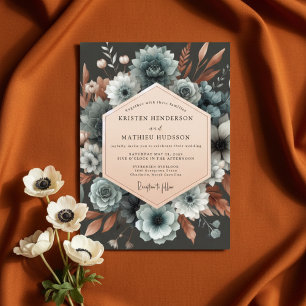Slate Blue Autumn Bloom Wedding Invitation