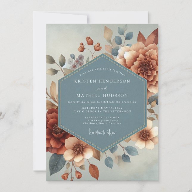 Slate Blue Autumnal Bloom Wedding Invitation (Front)